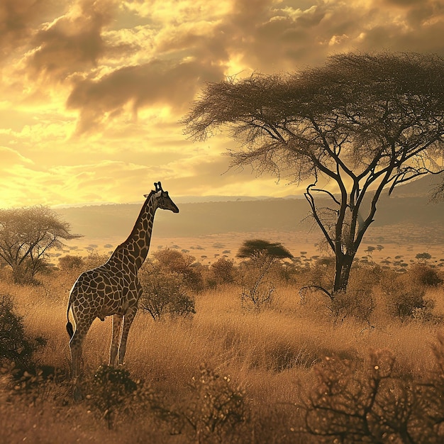 Photo a giraffe is standing in the wild with a tree in the background