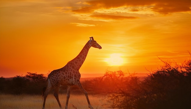 Photo a giraffe is walking in the grass at sunset