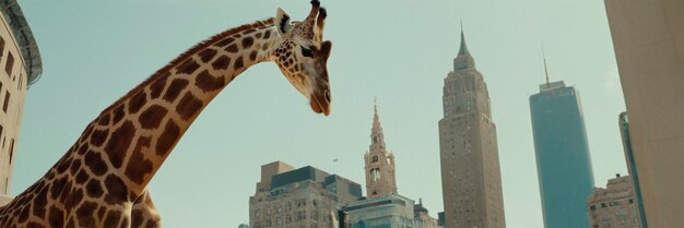 a giraffe looks over a city with a city in the background