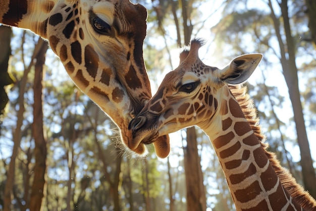 A giraffe mother bends down to nuzzle her calf