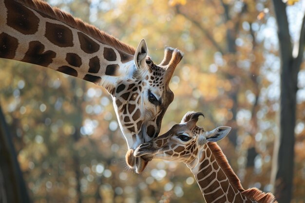 A giraffe mother bends down to nuzzle her calf