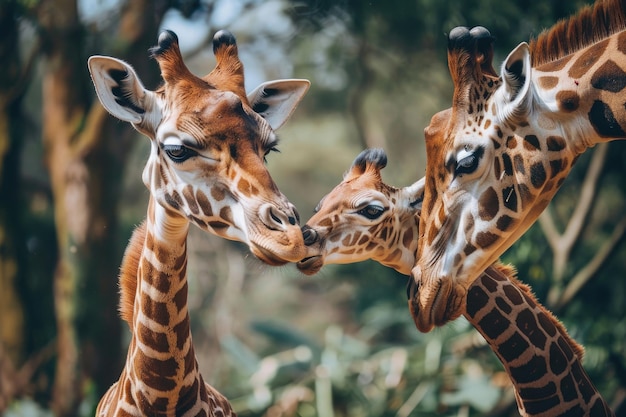 A giraffe mother bends down to nuzzle her calf