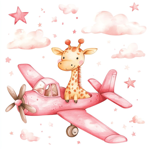 Giraffe on pink airplane nuresery watercolor