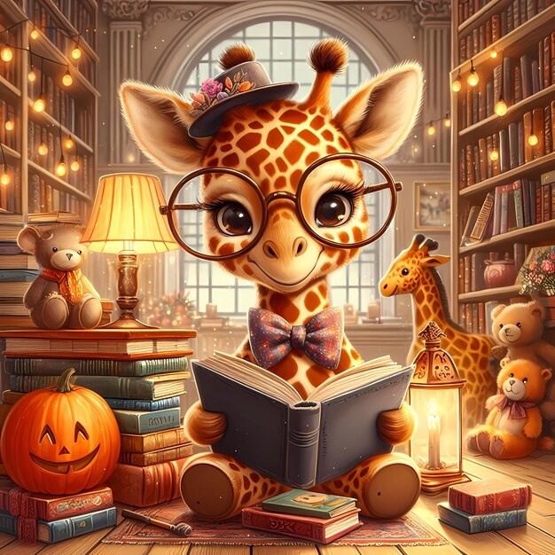 a giraffe reading a book with a book called giraffe