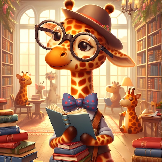 a giraffe reading a book with a book in his mouth