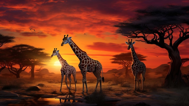 Giraffe on savanna with sunset Generative AI