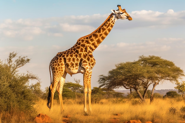 A giraffe in the savannah with trees in the background