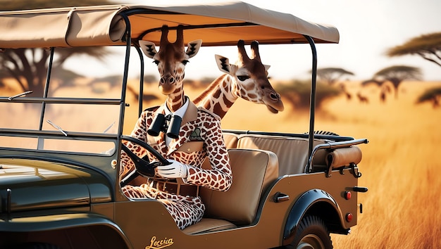 Photo giraffe sitting on safari jeep