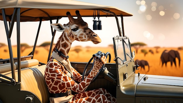 Photo giraffe sitting on safari jeep