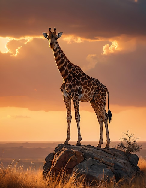 Giraffe standing on a rock at sunset