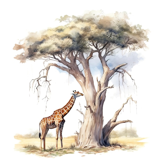 A giraffe standing next to a tall tree Generative AI image