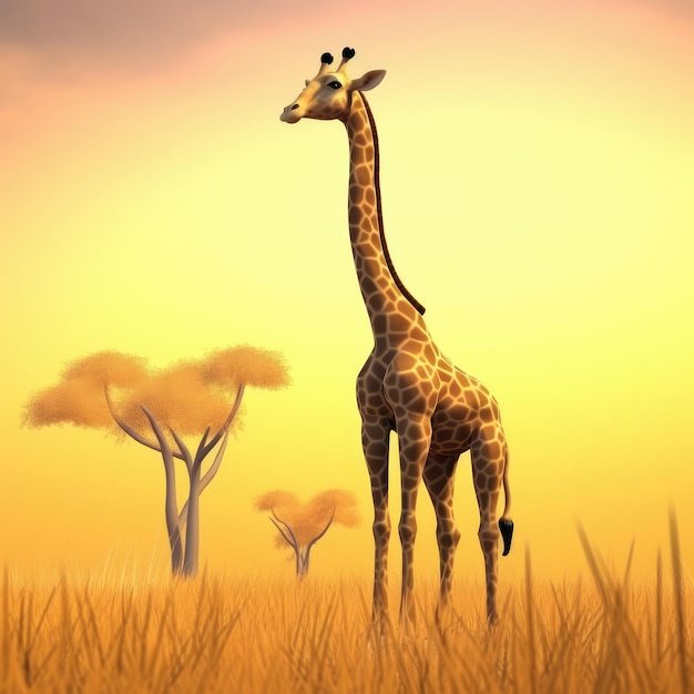 A giraffe stands in a field with a yellow sky in the background.