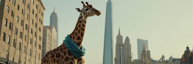 Photo a giraffe stands in front of a building with the skyline in the background