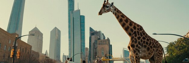 Photo a giraffe stands in front of a building with a tall building in the background