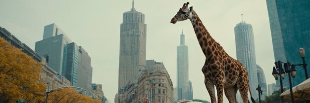 Photo a giraffe stands in front of a building with a view of the skyline