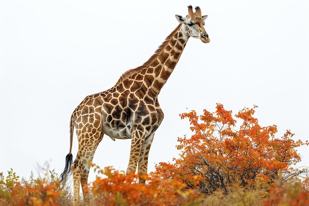 Photo a giraffe stands in front of a bush with orange leaves