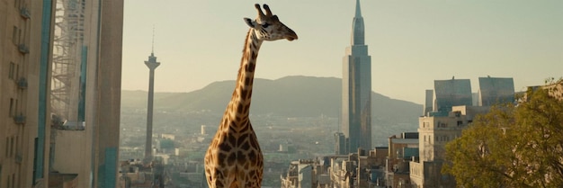 Photo a giraffe stands in front of a city skyline