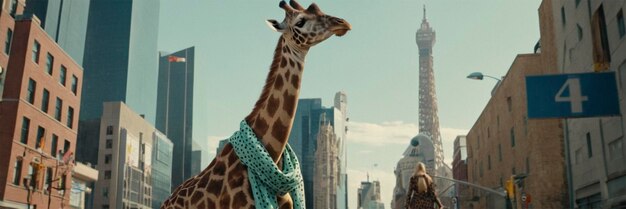 Photo a giraffe stands in front of a city skyline