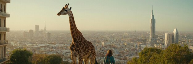 Photo a giraffe stands in front of a city skyline