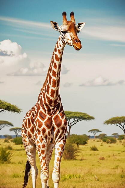 Photo a giraffe stands in front of some trees and a sky with clouds