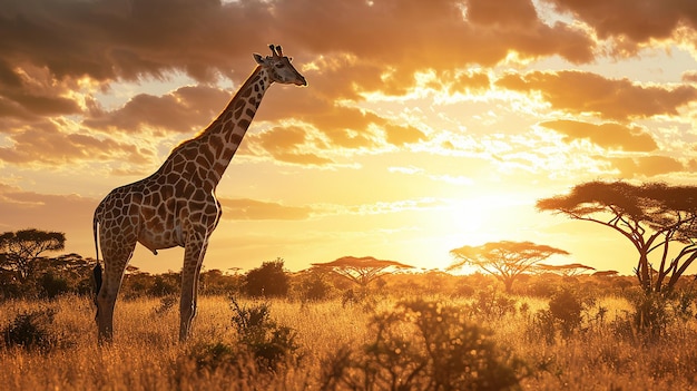 Photo a giraffe stands in the grass in front of a sunset