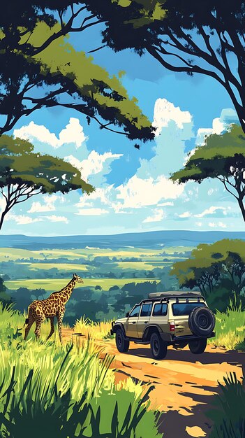 Photo a giraffe stands near a vehicle in a vibrant scenic landscape under a blue sky