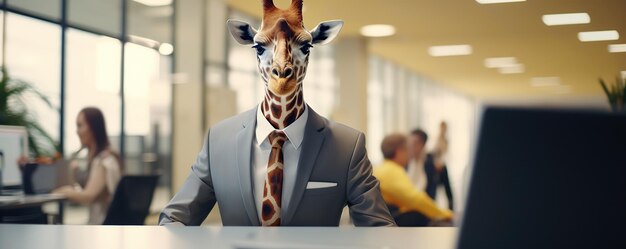 Photo giraffe in suit working at a modern office desk