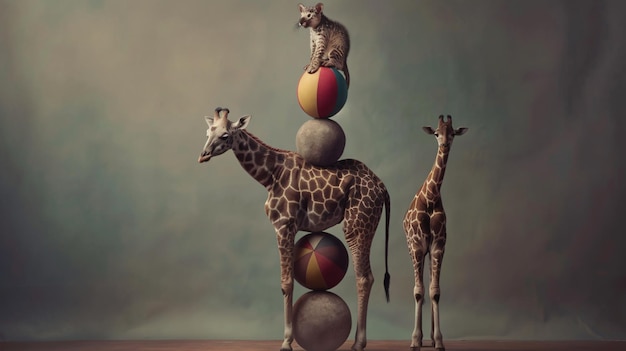 Photo a giraffe and two giraffes are standing on a table with balls and one of them has a cat on the top