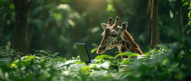 Photo giraffe using a laptop in a lush forest natural light tech in wildlife concept