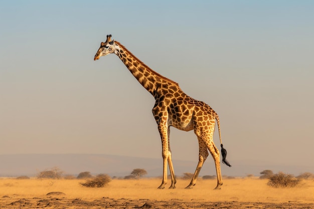 A giraffe walking in the desert