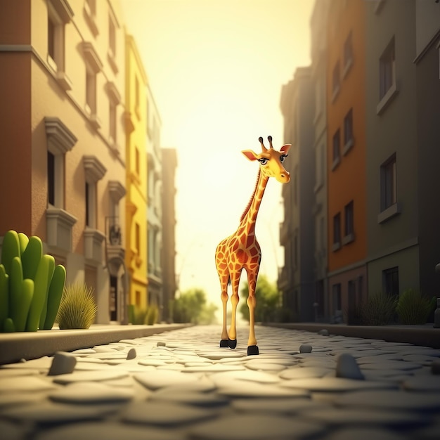 A giraffe walks down a street in front of a building with a sun shining on it.