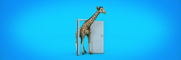 giraffe walks through the open door. 3d rendering