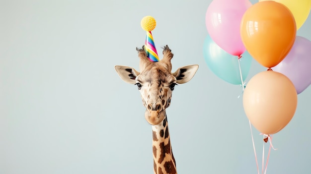 Photo a giraffe wearing a birthday hat and looking at the camera with a bunch of balloons in the background