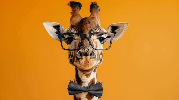 Photo a giraffe wearing glasses and a bow tie looks directly at the camera against a bright orange background