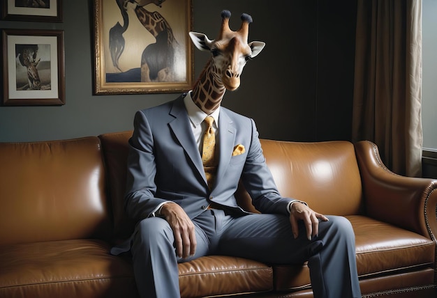 Photo a giraffe wearing a gray suit sitting on a brown leather couch