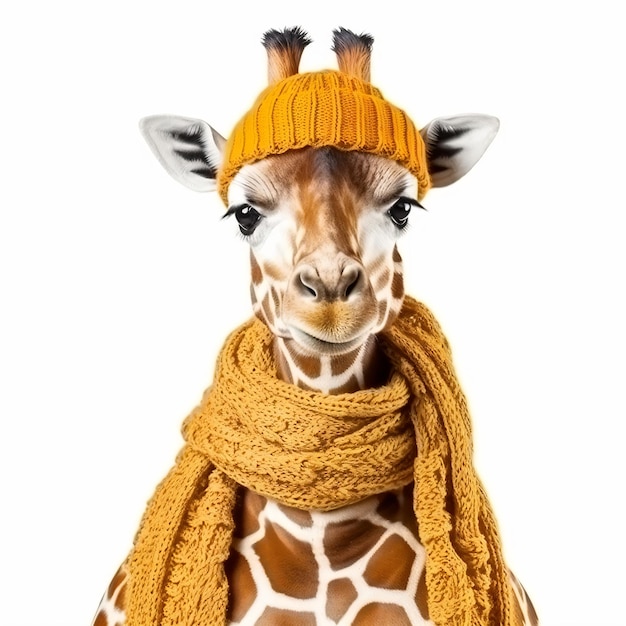 a giraffe wearing a knitted hat and scarf