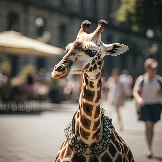 A giraffe wearing a scarf on a city street Generative Ai