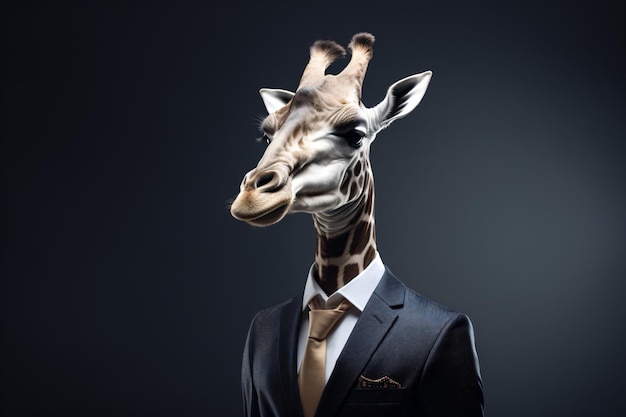 a giraffe wearing a suit and tie with a black background