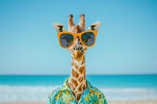 a giraffe wearing sunglasses and a shirt with a giraffe on the beach