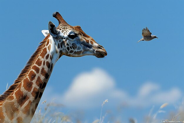 Photo a giraffe with a bird flying in the sky behind it