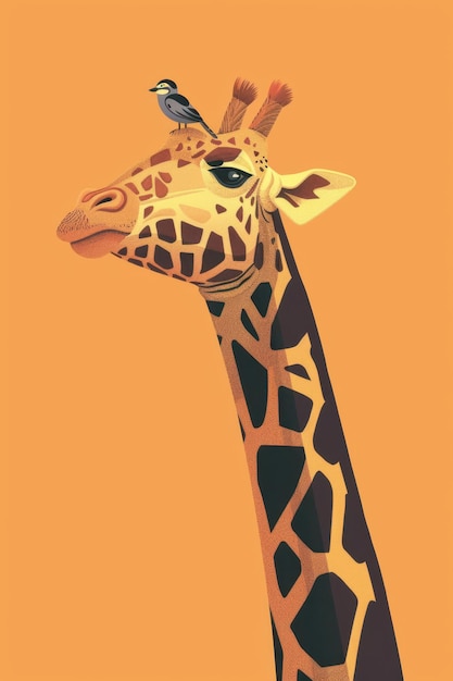 a giraffe with a bird on its head