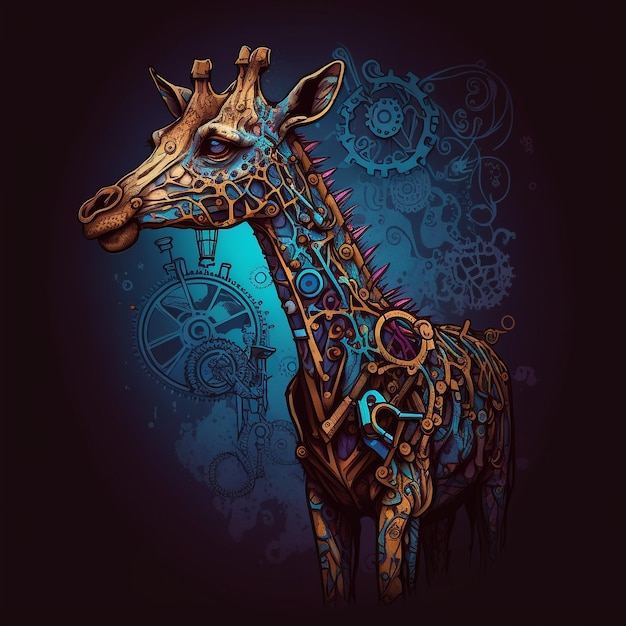 A giraffe with a blue background and gears on it.