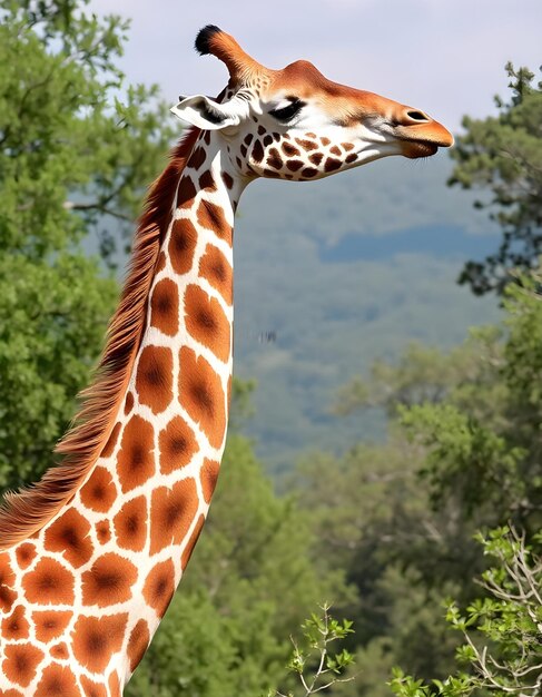 Photo a giraffe with a brown mane is standing in front of a forest