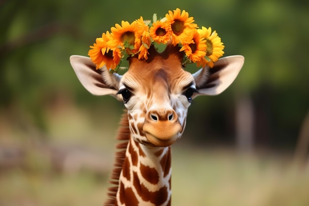 a giraffe with a bunch of sunflowers on its head