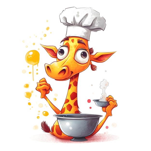 A giraffe with a chef hat and a bowl of food.