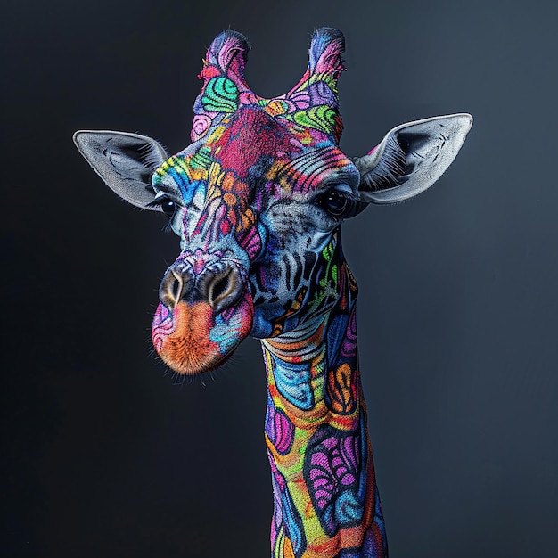 a giraffe with colorful designs on its head and face