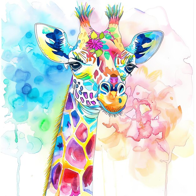 Photo a giraffe with a colorful head and a flower on it