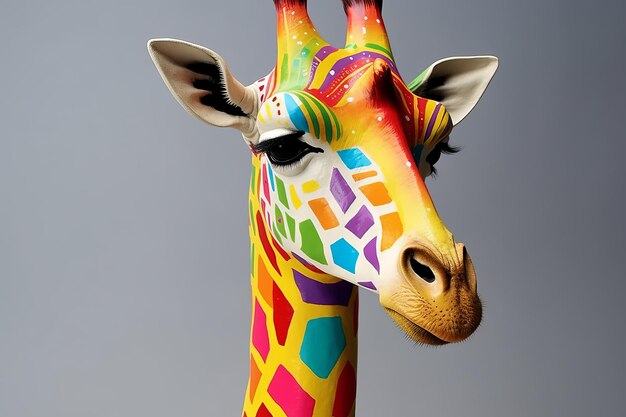 Photo a giraffe with a colorful head and a multicolored face