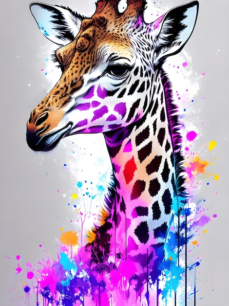 A giraffe with a colorful pattern on its face