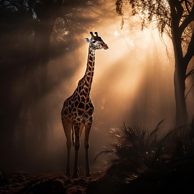 a giraffe with a dark background and a cloud behind it